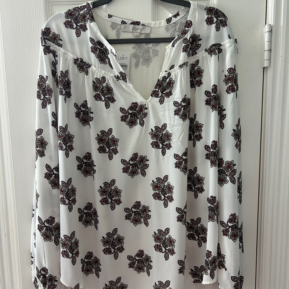 LOFT White and Red/Black Floral Blouse